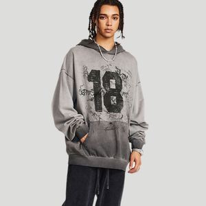 Otoño tendencia hombres 380G Sudadera con capucha American Retro Street Washed 100% algodón Digital impreso forrado pulóver - Product Image 3