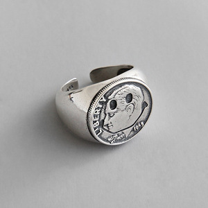 Plata de ley 925 Joyas retro Vintage Minoría Acabado antiguo Anillo de estatua de cara sonriente - Product Image 2