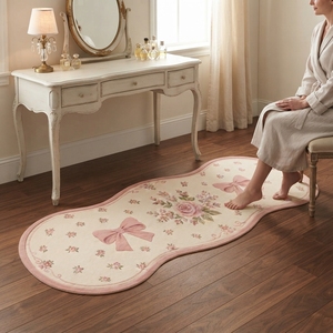 Tapis moderne en polyester rose mignon à motif animalier avec nœud et roses, lavable et antidérapant, pour chambre de filles, chambre d'enfant et décoration intérieure - Product Image 1