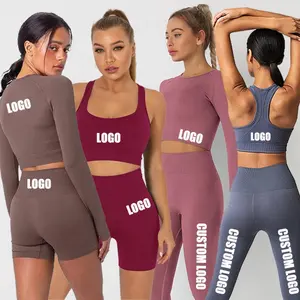 2022 Womens Fitness Seamless Workout Racer back Crop Top Sport-BH Anzüge Langarm-Outfits Yoga-Kleidung Leggings Shorts Sets