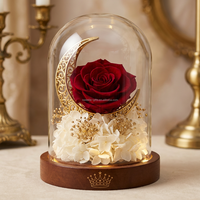 Rose éternelle religieuse sous cloche en verre, motif croissant de lune et Vierge Marie, cadeau fleur éternelle