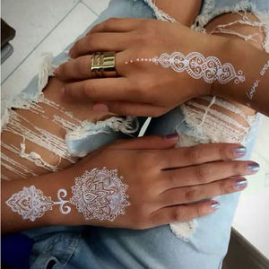 Tatouage temporaire blanc personnalisé Bxtats pour mariage, tatouage au henné blanc, <span class=keywords><strong>dentelle</strong></span> blanche, tatouage complet de la main, mehndi, <span class=keywords><strong>mandala</strong></span>, design indien, autocollant de tatouage - Product Image 3
