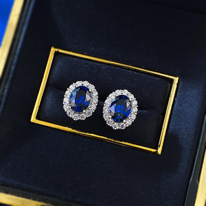 New Blue Created Sapphire Halo Boucles d'oreilles en argent sterling 925 ovale <span class=keywords><strong>saphir</strong></span> boucles d'oreilles - Product Image 2