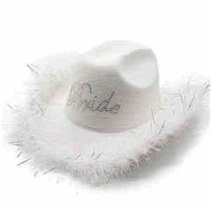 Sombreros de Vaquero de Fieltro de Polialgodón al por Mayor en Existencia, Sombreros de Vaquero Fedora Blancos con Borde de Plumas Brillantes para Bodas y Fiestas - Product Image 1