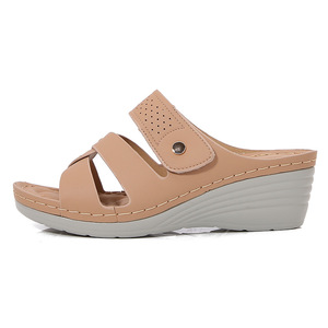 Black PU Wedge <b>Sandals</b> Open Toe Slip-On Mid Heel Comfort Summer Shoes Breathable Light Weight Anti-Slip Buckle Decoration - Product Image 2