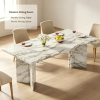 Table à manger ronde en marbre blanc de luxe pour appartement. Pieds de table géométriques modernes pour 8 personnes, aucun assemblage requis