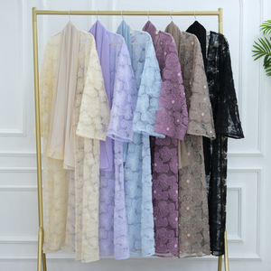 Ensemble de 3 pièces, <span class=keywords><strong>Abaya</strong></span> de luxe Dubaï + robe de dessous + hijab, dentelle florale 3D brodée, robe à perles, cardigan, robe pour femmes musulmanes - Product Image 5