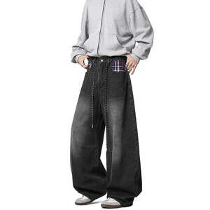 Jean ample à jambe droite pour homme, en denim large, décontracté, respirant, motif écossais, style américain vintage, automne-été - Product Image 2