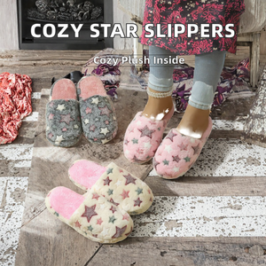 Chaussons d'intérieur pour femmes, en peluche, motif étoile et cœur, en polaire, à bout fermé, avec semelle extérieure antidérapante en TPR, chauds et confortables - Product Image 3