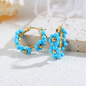 JUSTOP Gold Plated Flower Shape Hoop <b>Earrings</b> with Turquoise Beads Romantic Style Women's Everyday Wear Jewelry - Product Image 3