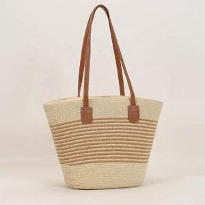 <span class=keywords><strong>Sac</strong></span> de plage en paille à rayures kaki pour femmes, mode en gros, avec bandoulière en cuir, sacs à main - Product Image 5