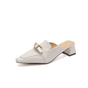 Mules blanches à bout ouvert avec boucle dorée et strass, mocassins à enfiler pour femme, été automne, talon de 6 cm, confortables toutes saisons - Product Image 5