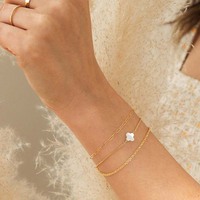 Gelang Emas Gemnel Berbentuk Daun Semanggi Empat Daun dengan Mutiara, Gelang Keberuntungan, Gelang Emas Mungil untuk Wanita