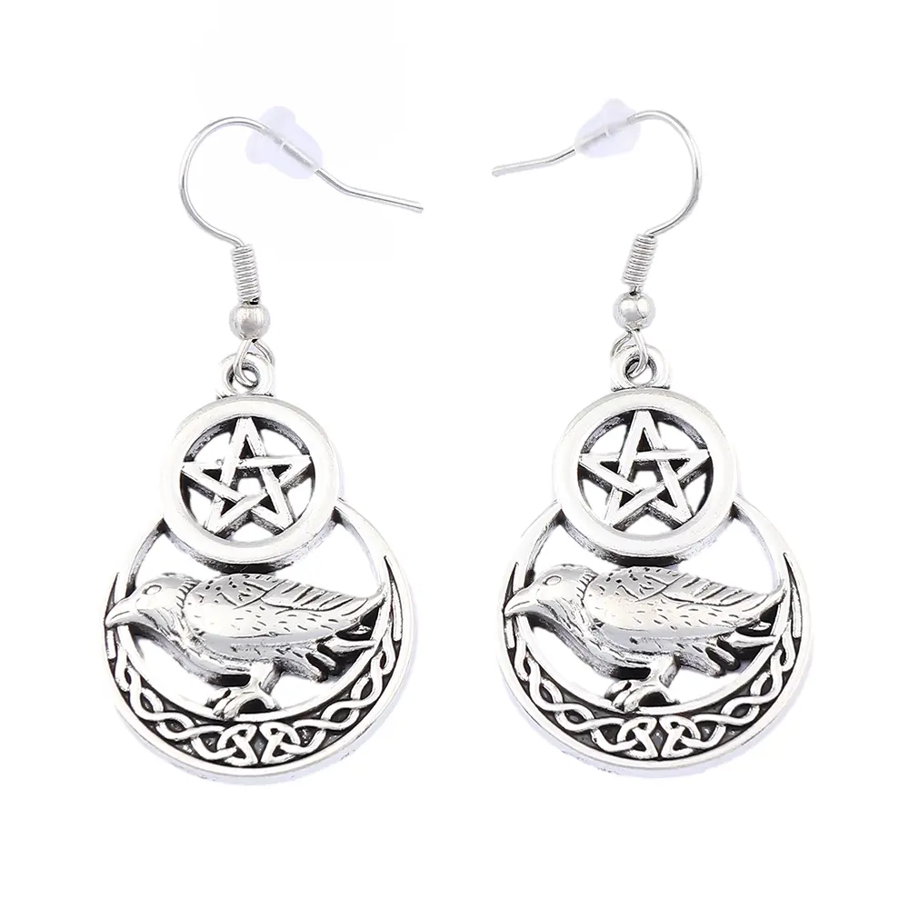 Fashion Antique Silver Pentagram Pentacle Celtic Knot Bird Charm Dangle Earrings For Women