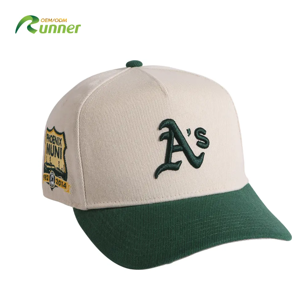 Runner en stock 2024 OEM BSCI diseñador de moda gran oferta gorras de béisbol blancas y verdes personalizadas al por mayor letra Logo Gorra adultos