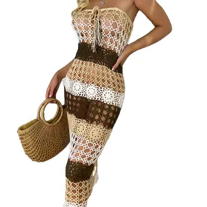Women Beach Bikini Swimsuit Set Colorful Hollow Out Cache Crochet Top And Bottom Cover Up Dress