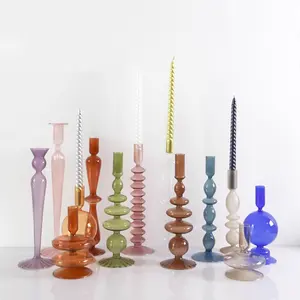 Luxury slim tall glass candle holder unique shape blue green pink colored glass candlestick
