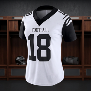Women's <b>White</b> V-Neck <b>Football</b> Jersey Number 18 Screen Printed Fitted Short Sleeve Polyester Apparel - Product Image 3