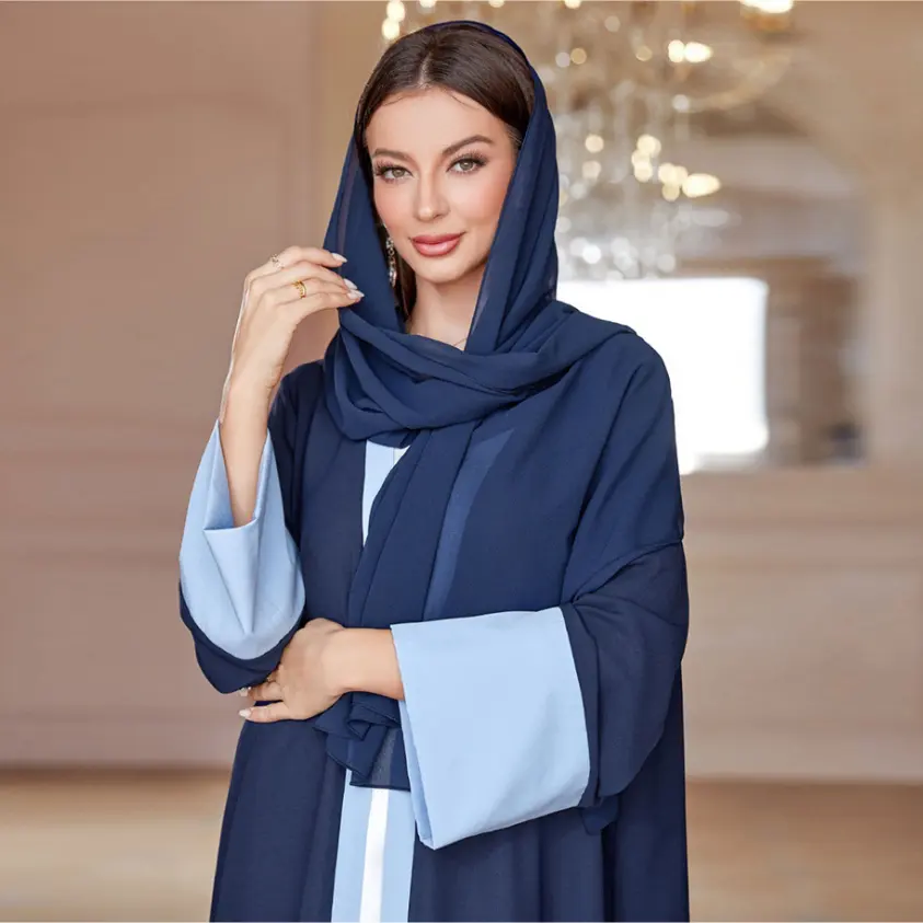 Khimar Vrouwen Hijab Outfits Chiffon Effen Contrast Kleur Open Kimono Abaya Djellaba En Jilbab Saudi Kaftan Met Sjaal