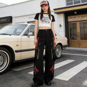 Pantalones Anchos Retro Americanos para Mujer con Detalles de Cadena y Ojales, Bloques de Color y Rayas, Estilo Casual - Product Image 2