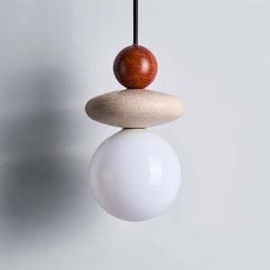 Luminaire suspendu LED moderne pour îlot de cuisine, style Japandi, pierre naturelle, verre, bois massif, G9, CE, RoHS, Lumi Travertine - Product Image 3