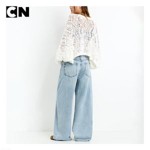 BSCI Certification Sweater Factory Custom logo <b>Women</b> Cotton Crew Neck Cropped Hollow Out <b>White</b> Knit <b>Cardigan</b> Sweater with Button - Product Image 4