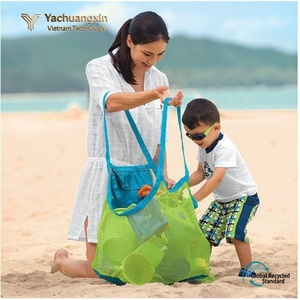 กระเป๋าชายหาดตาข่ายสีเขียวพร้อมขอบสีน้ำเงินและดาวสีเหลือง รูปทรงสี่เหลี่ยมสำหรับเด็กเล่นกลางแจ้ง กระเป๋าเก็บของเล่นสำหรับทุกเพศ - Product Image 4