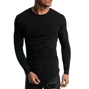고품질 사용자 정의 남성 블랙 95% 면 5% 스판덱스 긴 소매 곡선 체육관 근육 맞는 T 셔츠
