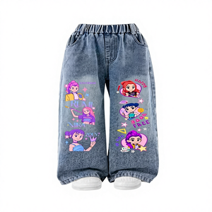 Kpop Witch <strong>Hunter</strong> Children's Jeans Girls Spring and Autumn 2025 New PU Coated Printed Straight Trousers Casual Trendy Pants - Product Image 1