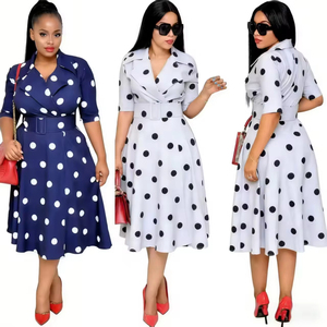 Nouvelle Robe d'été décontractée pour femme en mousseline africaine, à pois, avec manches mi-longues et coutures, grande taille, coupe évasée, avec ceinture large - Product Image 1