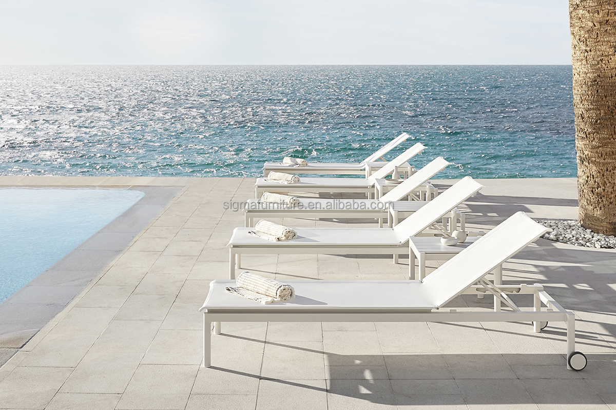 Factory Pool Home Resort Stackable Reclining Sunbed with Wheels Powder Coated Aluminium Structure Chaise Single