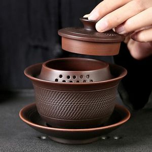 El yapımı mor seramik, Bıçak oyması desenli üçü bir arada kapaklı kase, Ayrı ayrı ısıya dayanıklı, Hediyelik Çay Seti - Product Image 3