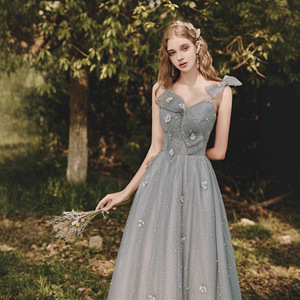Elegant Strapless A-Line Evening Dress Gray Floral Print Empire Waistline Midi Length For Bridesmaids - Product Image 2