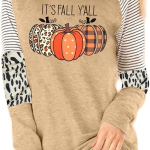 Camiseta de manga larga estampada para mujer Calabaza de otoño y leopardo a rayas en algodón y poliéster Estilo superior 3D - Product Image 4