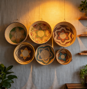 Panier mural rond tissé Art Déco, artisanat avec motif personnalisable, ensemble multi-pièces pour usage domestique et commercial - Product Image 3