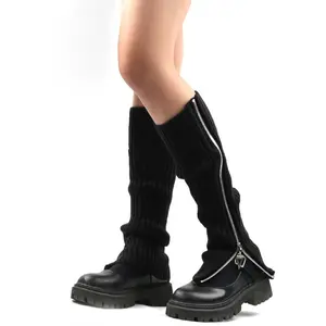 S010女式电缆针织暖腿带拉链实心冬季哥特式朋克保暖膝高靴袜弹力亚克力腿袜
