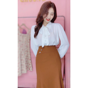 Raglan sleeve <b>Women</b> Long Sleeve Shirt with <b>Bow</b> <b>Tie</b> & Fabric-Covered Buttons Office Casual Solid Top Nine Quarter Plain Dyed - Product Image 2