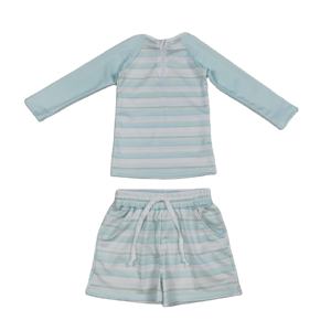 S0649 Traje de Baño Personalizado para Niño Pequeño, Diseño de Rayas Azules y Verdes, Venta al por Mayor, Traje de Baño de Manga Larga de 2 Piezas - Product Image 1