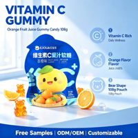 OEM Private Label Vitamine C Sinaasappel Fruit Sap Gummies 60% Echt Fruit Sap Immuunondersteunende Soft Candy Zakje 108g Aangepast Logo