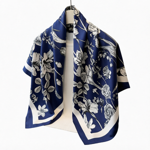 Women's <b>Silk</b> Square <b>Scarf</b> Floral Print Reversible Shawl Navy Blue <b>White</b> Border All Seasons Daily Wear Custom Sublimation Print - Product Image 1