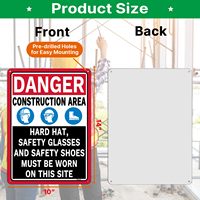 Panneaux de signalisation : Zone de chantier dangereuse - Casque de sécurité, lunettes de sécurité et chaussures de sécurité obligatoires sur ce site - Aluminium inoxydable 14x10