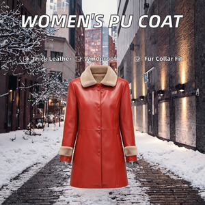 Manteau d'hiver en similicuir rouge avec col et poignets en fourrure, élégante veste pour femme à simple boutonnage - Product Image 2