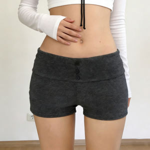 Shorts de Punto de Cintura Baja Estilo Urbano Europeo Americano para Mujer, con Botones en los Puños, Color Gris, Ajustados, Casuales - Product Image 4