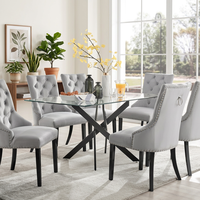 Table à manger rectangulaire moderne avec plateau en verre trempé, pieds en métal noir en forme de X, 6 places, meubles de salle à manger pour la maison, la cuisine et les restaurants