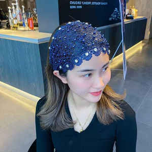 Nouveauté transfrontalière Été <span class=keywords><strong>2023</strong></span> Bandeau pour cheveux large et ajouré pour femme, orné de perles à clous et de paillettes sonores, style tendance, couvre les cheveux blancs - Product Image 1