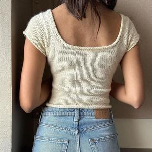 OEM Manufacturer Square Neck <strong>Crop</strong> Knit Top Women Pattern Summer French Vintage Slim Fit Short Sleeve Knit <strong>Jumper</strong> - Product Image 3