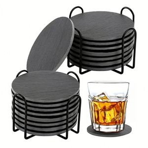 Factory Wholesale Custom LOGO Stone Coffee Drink Mug <b>Placemat</b> Set Bulk Square <b>Black</b> Slate <b>Coasters</b> With Holder - Product Image 2