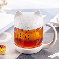 ANYA 280ml Gelas Kaca Kucing Kartun Lucu dengan Infuser Teh Ikan Bebas BPA Aman untuk Makanan Mug Kopi Air Kantor Grosir Logo Kustom