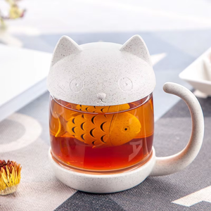 ANYA 280ml <span class=keywords><strong>Tasse</strong></span> en verre motif <span class=keywords><strong>chat</strong></span> de dessin animé mignon avec <span class=keywords><strong>infuseur</strong></span> à thé en forme de poisson, sans BPA, sans danger pour les aliments, <span class=keywords><strong>tasse</strong></span> à café et eau pour le bureau, vente en gros, logo personnalisé - Product Image 2