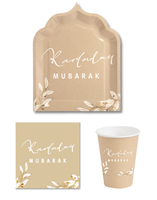 Nicro 30 pièces Assiettes, gobelets et serviettes jetables couleur taupe, cadeau islamique musulman Eid Mubarak, vaisselle en papier pour le Ramadan, décorations de table pour fête